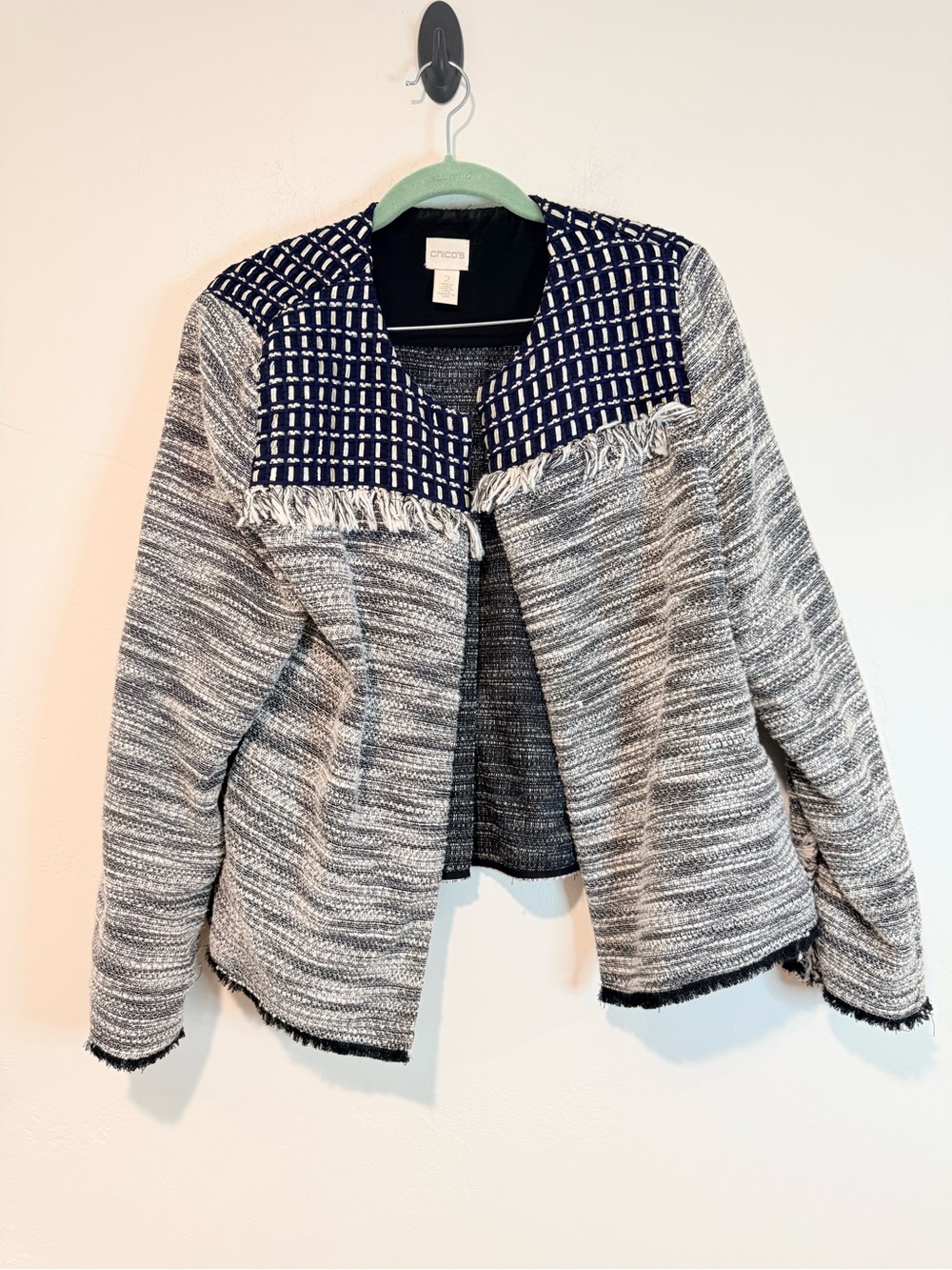 Chico’s Tweed Fringe Jacket Women’s L 12/14 Open Front Blue Gray Textured - Picture 2 of 8